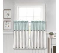 Lush Decor Juego de Cortinas de Lino con Botones de Cocina, 29 Pulgadas de Largo x 36 Pulgadas de Ancho, Azul y Blanco