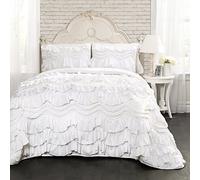 Lush Decor Kemmy Quilt-Juego de Ropa de Cama de 3 Piezas con Textura con Volantes, tamaño King, Poliéster, Blanco, Matrimonio