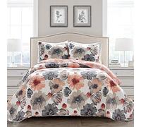 Lush Decor Leah - Juego de edredón Floral Reversible, Juego de 3 Piezas, matrimonial/Queen, Coral y Gris, Encantador Juego de Cama Floral, Flores de Acuarela Grandes