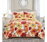 Lush Decor Leah - Juego de edredón Floral Reversible, Juego de 3 Piezas, matrimonial/Queen, Rojo y Naranja, Encantador Juego de Ropa de Cama Floral, Flores Grandes de Acuarela florecientes