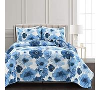 Lush Decor Leah - Juego de edredón Reversible de 3 Piezas, Azul Marino y Blanco, tamaño matrimonial/Queen