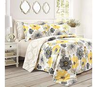 Lush Decor Leah - Juego de edredón Reversible, Juego de 6 Piezas, tamaño King, Amarillo y Gris, edredón botánico de Acuarela, tamaño Queen, decoración de Ropa de Cama Floral de Granja