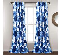 Lush Decor Leah - Ojal Aislante Floral, 52 Pulgadas de Ancho x 95 Pulgadas de Largo, Azul Marino y Blanco
