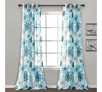 Lush Decor Leah - Paneles de Cortinas Transparentes Florales para Ventana, par, 52 Pulgadas de Ancho x 84 Pulgadas de Largo, Color Azul, Cortinas Florales de Acuarela de Primavera Coloridas, Cortinas