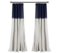 Lush Decor Panel de Cortina de Lino con Botones para Ventana, Individual, 40 Pulgadas de Ancho x 84 Pulgadas de Largo, Color Azul Marino y Blanco, Cortinas de Campo, decoración rústica, Cortinas
