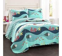 Lush Decor QT Sealife Fish Ocean Wave-Juego de Cama Reversible de 2 Piezas, Color Azul, Algodón, Twin