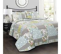 Lush Decor Roesser - Colcha | Juego de Ropa de Cama de 3 Piezas con Estampado Floral Reversible de Retazos, Estilo rústico, tamaño matrimonial, Queen, Azul, algodón