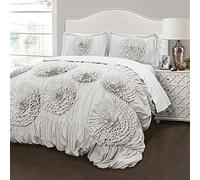 Lush Decor Serena Comforter Ruched Flower 3 Piece Set Full Queen Light Gray Juego de edredón, Poliéster, Gris Claro, Reina