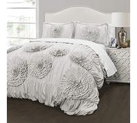 Lush Decor Serena Comforter Ruched Flower 3 Piece Set King Light Gray Juego de edredón, Poliéster, Gris Claro, Rey, Matrimonio