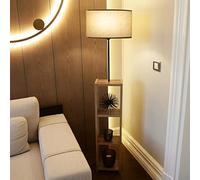 lux.pro Lámpara de Pie Iluminación de Salón con Estantería de 3 Niveles 1xE27 20 W Metal MDF Tela 21 x Ø 38 cm Altura 150 cm Beige/Efecto Madera