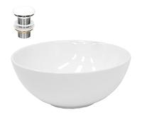 LuxeBath Lavabo Cerámico Blanco Redondo Ø 320 x 135 mm para Baño con Agujero de Conexión Estandar Lavamanos Sobre Encimera Diseño Moderno Fregadero con Juego de Desagüe Pila para Aseo con Drenaje
