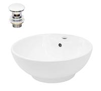 LuxeBath Lavabo Cerámico Blanco Redondo Ø 455 x 185 mm para Baño con Juego de Desagüe con Rebosadero Agujero de Conexión Estandar Lavamanos sobre Encimera Diseño Moderno Fregadero Pila con Drenaje
