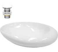 LuxeBath, lavabo de encimera oval, 58,5 x 37,5 x 14,5 cm, blanco, de cerámica, incluye desagüe sin desbordamiento