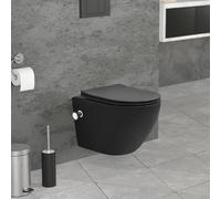 LuxeBath WC Suspendido con Función Bidé Negro de Cerámica, Inodoro Colgante 49 cm Corto con Cierre Suave Descarga Profunda de Tornado para Baño, Wáter con Asiento Extraíble y Tapa Brillante Softclose
