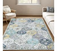 LuxFocus Alfombra bohemia lavable para salón, 120 x 170 cm, antideslizante, color azul y amarillo