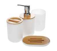 Luxshiny Juego Accesorios Baño 4 Piezas Madera Bambú Dispensador Loción y Jabonera Vaso Cepillo y Gárgaras Kit Almacenamiento Baño Doméstico Práctico