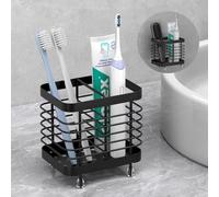 Luxspire Porta Cepillo de Dientes Baño, 10 * 8 * 10,5 cm Soporte de Cepillo de Dientes de Acero Inoxidable con Agujeros de Drenaje, Porta Pasta de Dientes de Pared Autoadhesiva o en Mesa, Negro