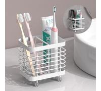 Luxspire Porta Cepillo de Dientes Baño, 10 * 8 * 10,5 cm Soporte de Cepillo de Dientes de Acero Inoxidable con Agujeros de Drenaje, Porta Pasta de Dientes de Pared Autoadhesiva o en Mesa, Blanco