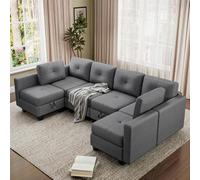 Luxstein Sofá esquinero Espacio de Almacenamiento, sofá Modular en Forma de U con Respaldo, reposabrazos y tapizado Suave, sofá Grande con Funda de Tela Extensible, 272 * 139 * 86 cm, Gris