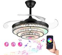 Luz de ventilador de techo retráctil de 42 pulgadas, reproductor de música Bluetooth LED cambiable de 3 colores Ventilador de techo con lámpara de motor silencioso de 3 velocidades for sala de estar/c