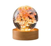 Luz nocturna bola de cristal de flor, lámpara de bola de cristal de 6 cm con madera con base de luz LED, lámpara de noche de espécimen de flor de carga USB con soporte (margarita roja)