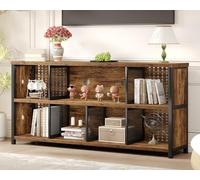 LVB Estantería horizontal rústica, organizador de cubos, estante ancho y grande de madera de metal, estante largo para libros, dormitorio, sala de estar, marrón