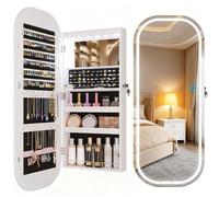 LVSOMT LED Espejo joyero de pared, Armario joyero con Espejo Oval, Montado en puerta/pared, Espejos de cuerpo entero con 3 Luces, Madera Joyería Espejos Armario Colgante, Organización de joyas, Blanco