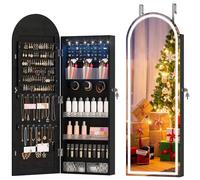 LVSOMT LED Espejo Joyero de Pared, Arqueado Espejo Joyero con Cerradura, Moderno Armario Joyeros Colgante con Espejos de Arco, Montaje puerta o pared, 3 Color Luz, Gancho de puerta Ajustable, Negro