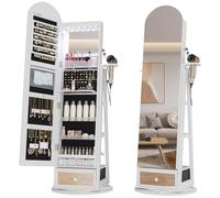 LVSOMT LED Espejo Joyero de pie Arqueado, Giratorio 360° Armario Joyero con de pie, Arco Joyeros con Cerradura, Espejo de cuerpo entero con Armario para joyas Luz, Blanco