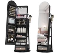 LVSOMT LED Espejo Joyero de pie Arqueado, Giratorio 360° Armario Joyero con de pie, Arco Joyeros con Cerradura, Espejo de cuerpo entero con Armario para joyas Luz, Negro