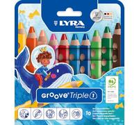 LYRA Groove Triple One, Lápices de colores de madera Groove Triple One 3 en 1, triangulares, gruesos, lacados, mina de 10.0mm, estuche de cartón, 10 colores surtidos, 10 unidades