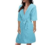 LZPCarra Albornoz para mujer ligero y delgado de lino - Albornoces de lino para mujer de manga corta, ropa de noche de verano, albornoz de mañana con cinturón, traje de casa, albornoz de viaje ligero