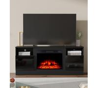 M.C.Haus Chimenea Eléctrica con Soporte de TV, para TV de hasta 143.9cm*80cm,Entretenimiento en Textura de Madera con Luz LED, Mueble de Realce y Frente de Cristal, 147.3cm,Negro
