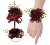 M METERXITY 1-Set de Pulsera de Flores y Boutonnières, Pulsera de Flores de Rosa Artificial y Boutonnière para Boda/Fiesta/Promoción/Decoraciones, Set de Pulsera de Flores [Rojo Vino]