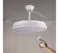 M mimotec -Ventilador de Techo White Cami Retráctil con Luz LED CCT Ø107 cm, Mando a Distancia, Silencioso, 6 Velocidades, Aspas Plegables, Temporizador y Función Verano/Invierno