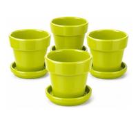 Maceta cerámica verde con plato Pack de 4, macetero esmaltado para plantas de interior y exterior, tiesto decorativo para flores, cactus y suculentas, ideal para cocina, balcón, terraza y hogar