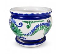 Maceta Coco cerámica Azul y Verde con Plato 23 x 20 cm, macetero Decorado mediterráneo para Plantas