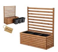 Maceta con enrejado y jardinera, de madera, para jardín, balcón, terraza, banca de plantas elevada con inserto de plástico de 18 l (marrón horizontal, 98 x 36 x 35 cm, H115)