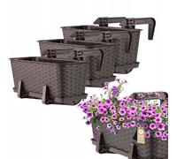 KADAX Macetas de Plástico Imitación Ratán, Maceteros Rectangulares con Platillos y Soportes para Exterior, Jardineras Colgantes (3: Marrón, 40 cm)