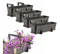 KADAX Macetas de Plástico Imitación Ratán, Maceteros Rectangulares con Platillos y Soportes para Exterior, Jardineras Colgantes (4: Marrón, 60 cm, Aprox. 48L)