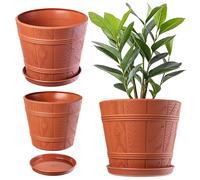 Maceta KADAX con platillo, aspecto madera, de plástico, 34 cm, terracota