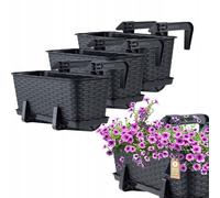 KADAX Macetas de Plástico Imitación Ratán, Maceteros Rectangulares con Platillos y Soportes para Exterior, Jardineras Colgantes (3: Antracita, 40 cm)
