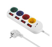 Maclean MCE508 Regleta de 4 Enchufes Tipo E con 2 Puertos USB (A y C) 5V/3.1A QC 2.0, USB-C 18W PD | Toma Múltiple, máx. 2500 W 10 A | Cable de 1,5 m (Blanco/Multicolor)
