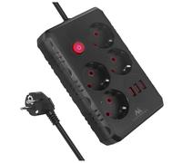 Maclean Regleta MCE392/3 – 4 tomacorrientes, 3xUSB, 2500W, interruptor iluminado (Negro, 3 m)