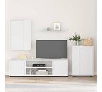 Madera de ingeniería Montaje en pared moderno set completo Blanco 69 5 x 17 | Conjunto de mueble de TV Madera de ingeniería Montado en Pared con Almacenamiento, Soporte para TV 140 cm, Armario y Estante