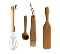 Madera Juego de Utensilios de Cocina 4 Piezas | Cuchara Multiusos, Cepillo Ligero para Aceite, Estilo Tradicional, Adecuado para Hornear, Café y Cocina Diaria
