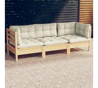 Madera maciza de pino con cojines diseño modular sofá crema 63x63x62 cm | Sofa de Jardin 3 Plazas con Cojines Madera Maciza Pino Crema Modulo Exterior Resistente Set Rinconera Plegable Comodo