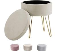 Madera Nieve Puff Redondo con Almacenaje, Asiento Acolchado de Terciopelo y Patas Metálicas Doradas para Tocador o Dormitorio