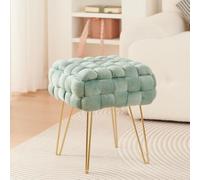 Madera Nieve Taburete de cosmética Moderno de Terciopelo, Otomano Cuadrado con Patas de Metal Dorado, Asiento Acolchado de Tejido Terciopelo (Verde Agua, 38P x 38An x 41.5Al cm)
