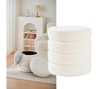 Madera Nieve Taburete Puff Redondo de Borreguito Blanco con Almacenaje - Asiento Acolchado Bouclé Teddy Tipo Otomana para Salón, Dormitorio o Habitación Infantil